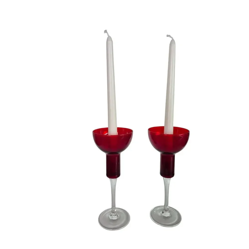 Vintage Red Cranberry Glass Candle Holders Tall Red Christmas Holiday Set of 2